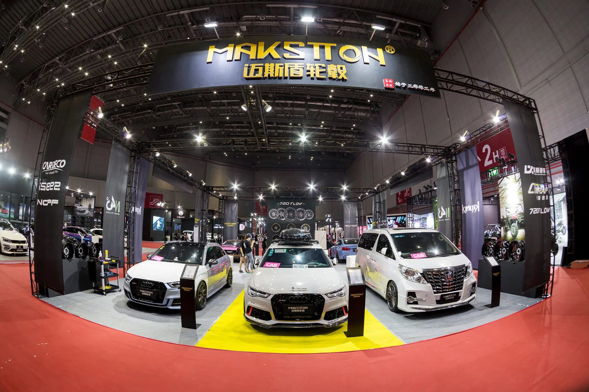 MAKSTTON exhibition entrance with three modified cars — Shanghai CAS Show, Shanghai, China, 2018