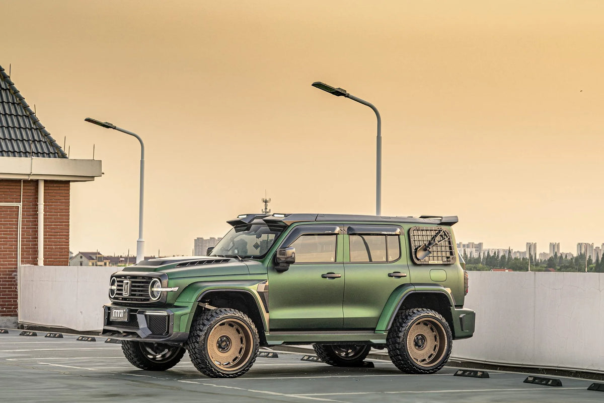 A green modified off-road vehicle photographed outside a building — Xuanyuan Debut, China, 2022