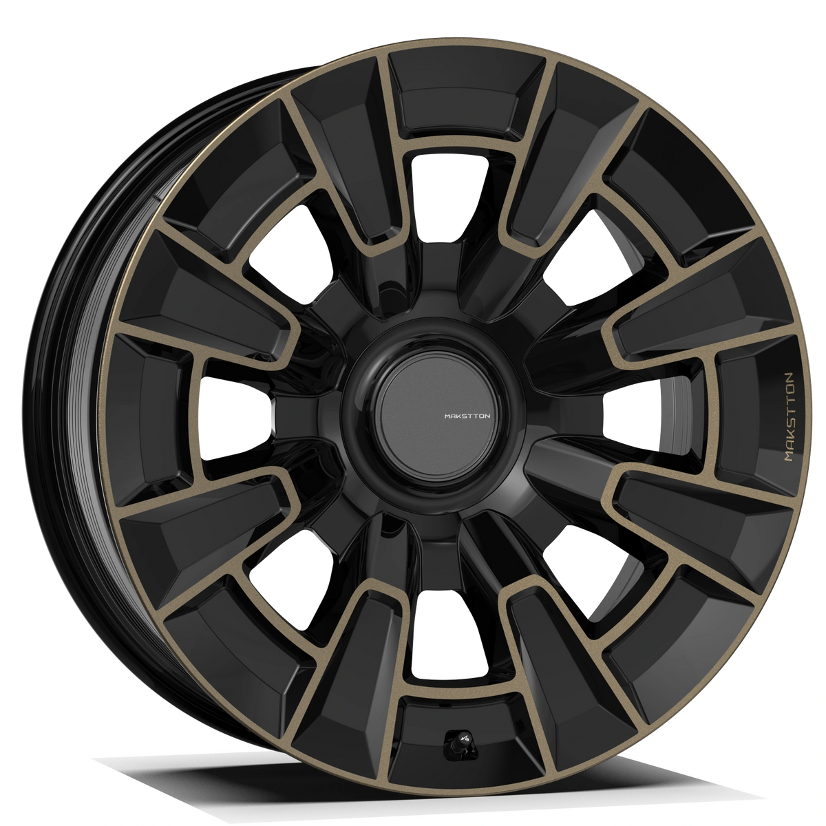 Makstton FG BO HZ8 wheel in black with gold accents, angled front view.