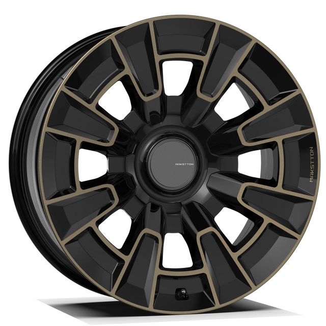 Makstton FG BO HZ8 wheel in black with gold accents, angled front view.