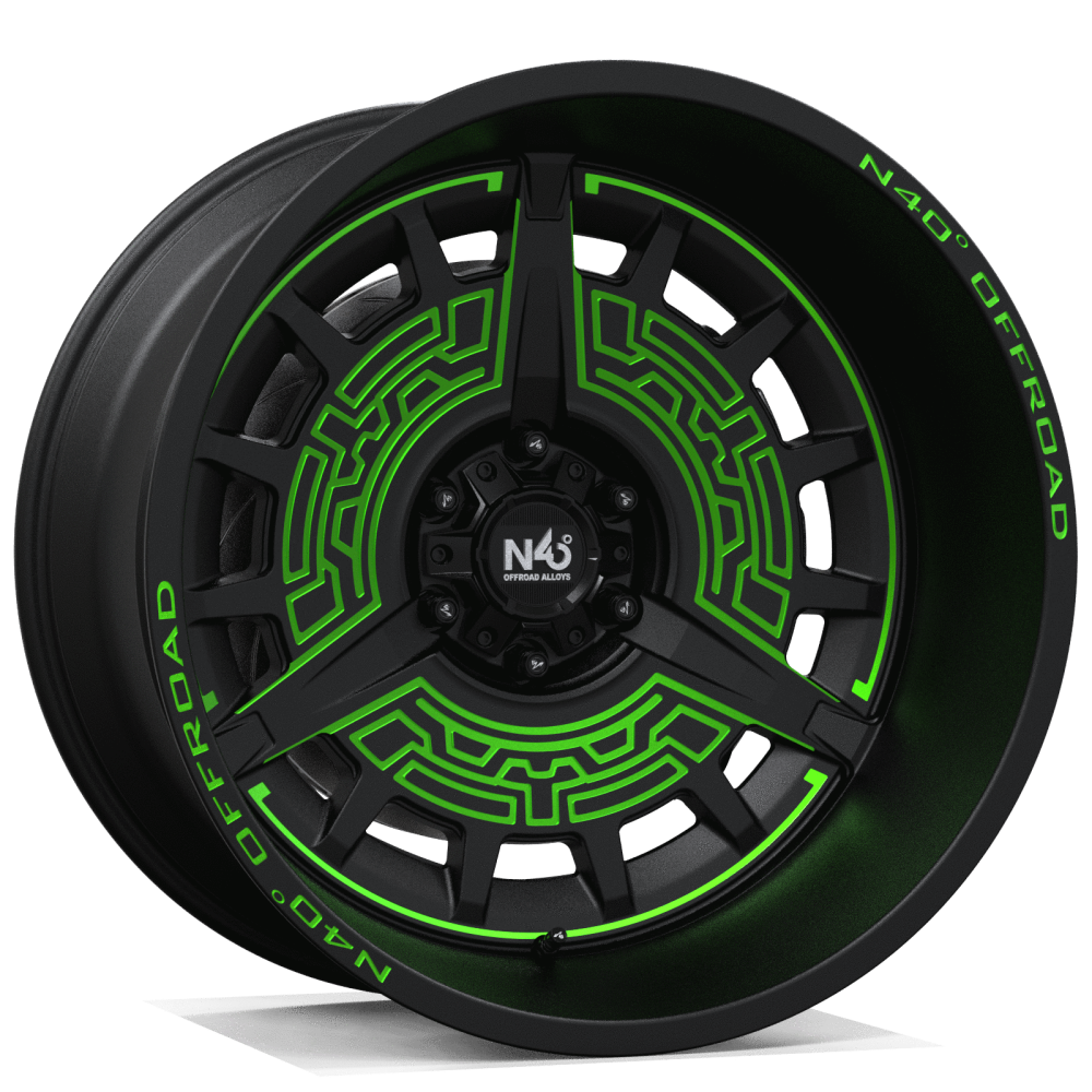 Makstton N40° CK03H flow-formed off-road wheel in matte black with green accents