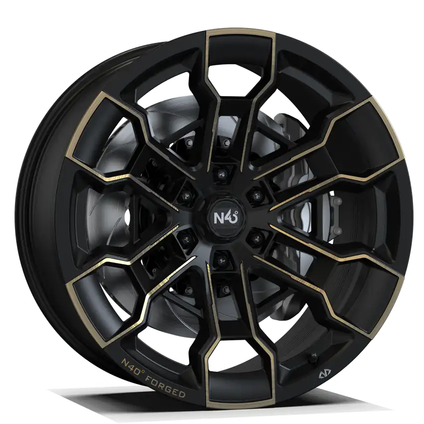 Makstton N40° FG BLT6 custom-forged off-road wheel in matte black with a gold ring