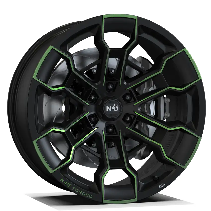 Makstton N40° FG BLT6 custom-forged off-road wheel in matte black with a green ring