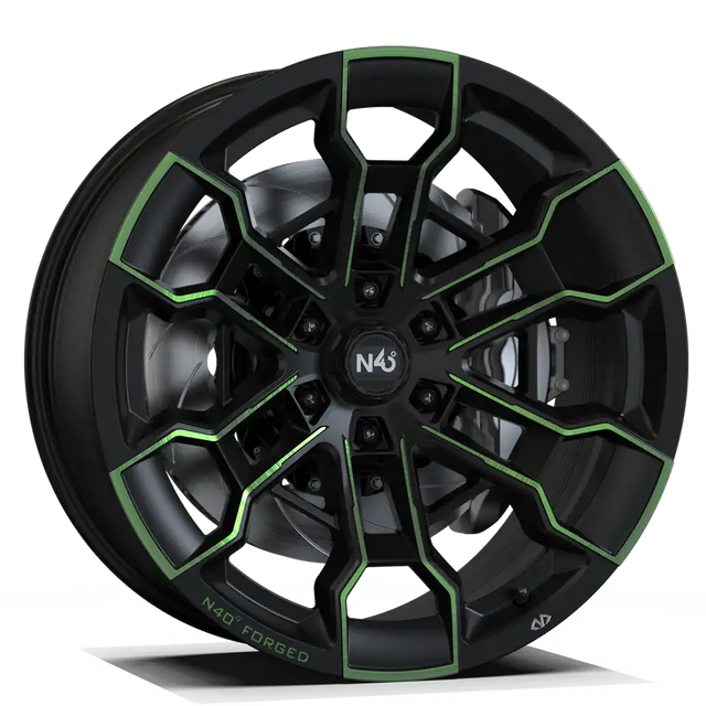 Makstton N40° FG BLT6 custom-forged off-road wheel in matte black with a green ring